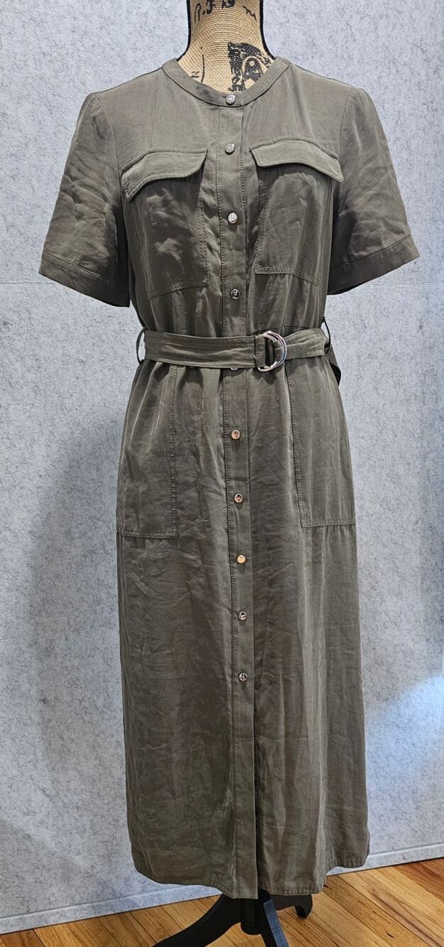 Karen Millen Taupe Safari Utility Belted Button Front Midi Shirt Dress Size 6